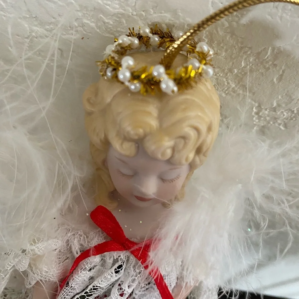 VTG Angel Feather Wings Porcelain Face Ornament Lace Dress Roses Baby Breath 8”L